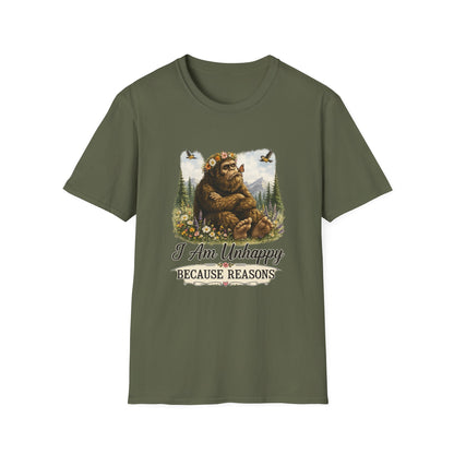 I Am Unhappy Because Reasons Funny Bigfoot T-Shirt
