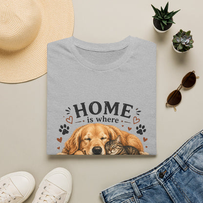 T-Shirt — "Home is where someone is waiting for you with paws" Cute Golden Retriever Dog & Cat Cozy Tee