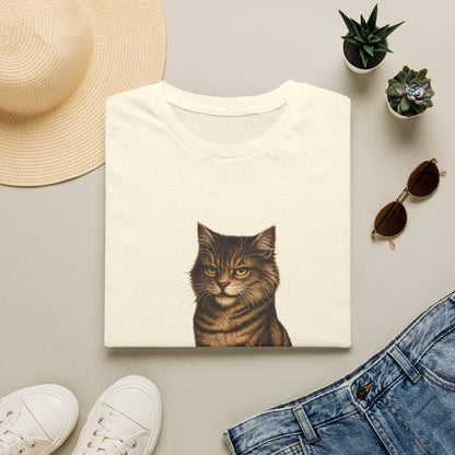 Grumpy Cat Portrait Funny T-Shirt— Realistic Brown Striped Cat Tee for Cat Lovers