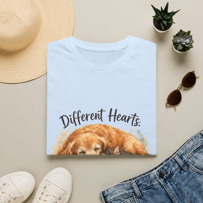 Dog and Cat Rescue T-Shirt – "Different Hearts, Same Home" Cozy Golden Retriever With Kitten Tee