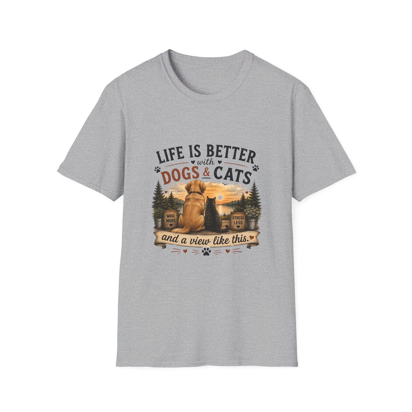 Life Is Better with Dogs & Cats T-Shirt — Pet Lover Sunset Graphic Tee
