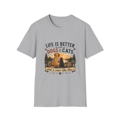 Life Is Better with Dogs & Cats T-Shirt — Pet Lover Sunset Graphic Tee