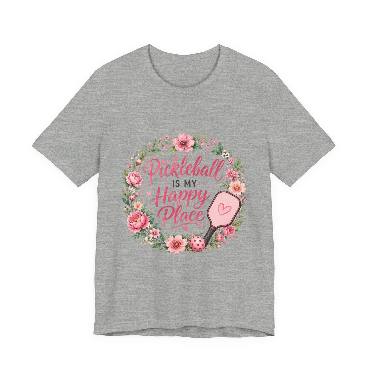 Pickleball Is My Happy Place T-Shirt — Floral Pink Paddle Tee