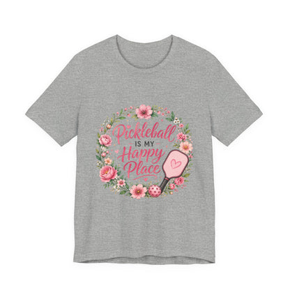 Pickleball Is My Happy Place T-Shirt — Floral Pink Paddle Tee