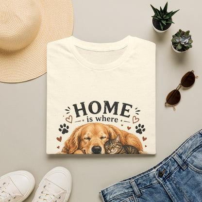 T-Shirt — "Home is where someone is waiting for you with paws" Cute Golden Retriever Dog & Cat Cozy Tee