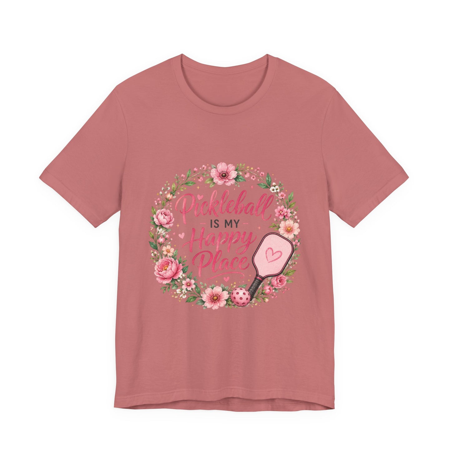 Pickleball Is My Happy Place T-Shirt — Floral Pink Paddle Tee