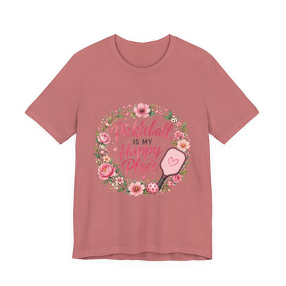 Pickleball Is My Happy Place T-Shirt — Floral Pink Paddle Tee