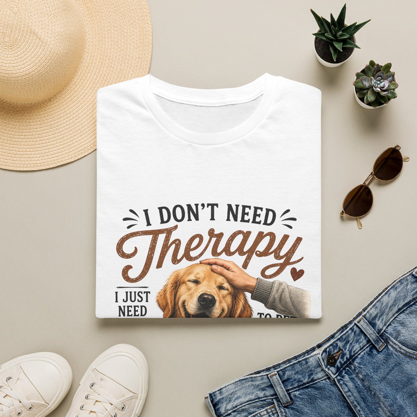 Dog Lover T‑Shirt — “I Don’t Need Therapy I Just Need To Pet My Dog” Cute Golden Retreiver Therapy Tee