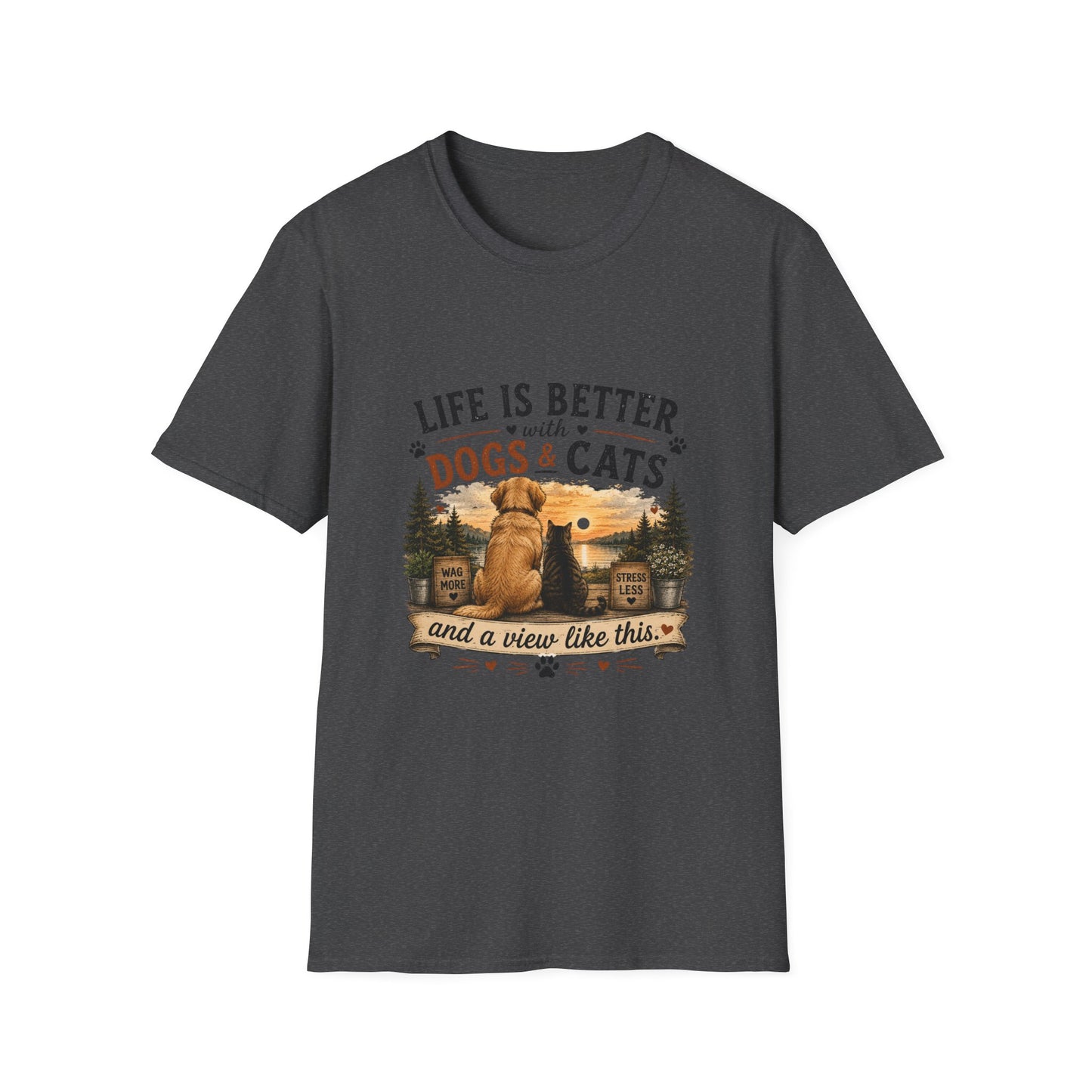 Life Is Better with Dogs & Cats T-Shirt — Pet Lover Sunset Graphic Tee