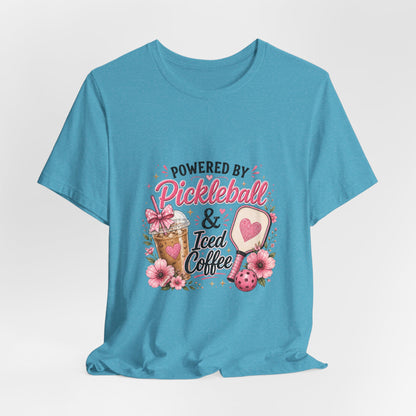 Pickleball & Iced Coffee Tee — 'Powered by Pickleball & Iced Coffee' Graphic Shirt
