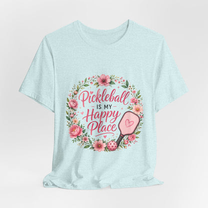 Pickleball Is My Happy Place T-Shirt — Floral Pink Paddle Tee