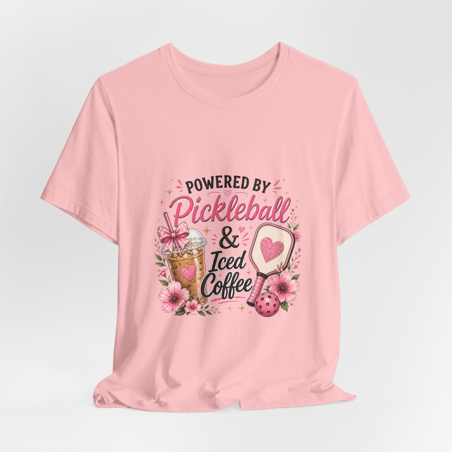 Pickleball & Iced Coffee Tee — 'Powered by Pickleball & Iced Coffee' Graphic Shirt