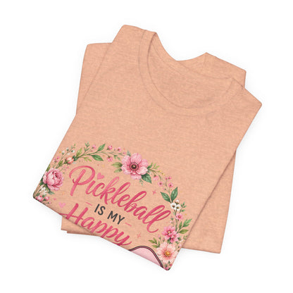 Pickleball Is My Happy Place T-Shirt — Floral Pink Paddle Tee