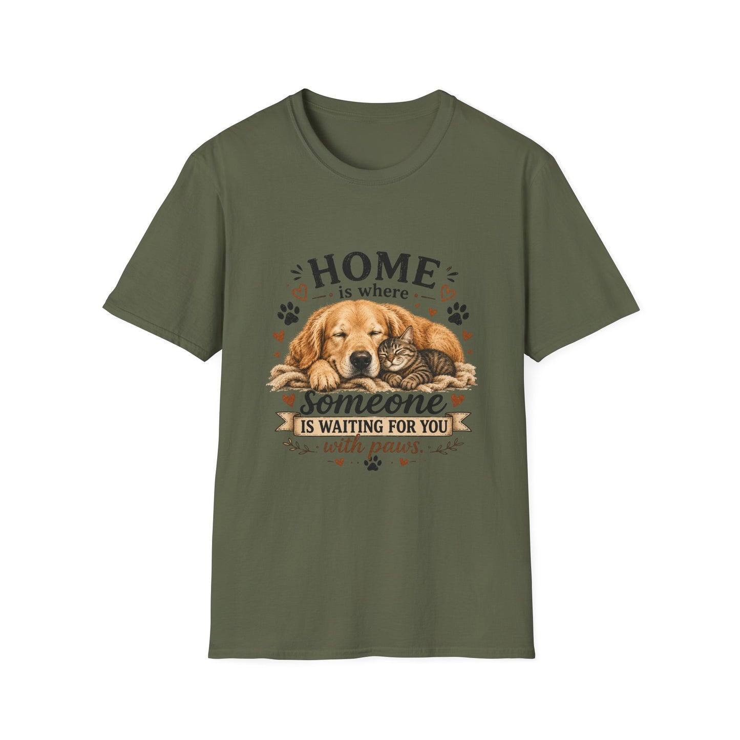 T-Shirt — "Home is where someone is waiting for you with paws" Cute Golden Retriever Dog & Cat Cozy Tee