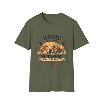 T-Shirt — "Home is where someone is waiting for you with paws" Cute Golden Retriever Dog & Cat Cozy Tee