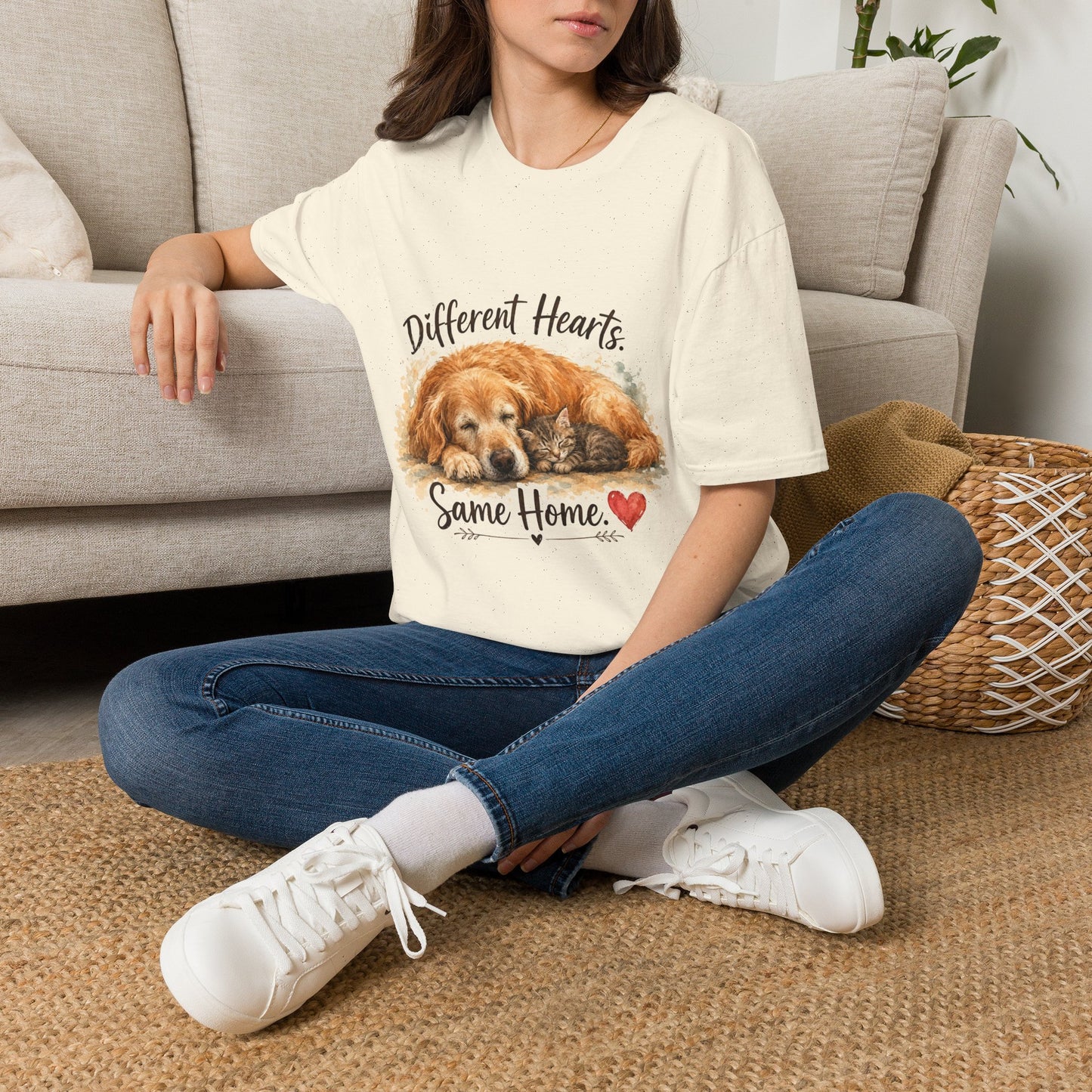 Dog and Cat Rescue T-Shirt – "Different Hearts, Same Home" Cozy Golden Retriever With Kitten Tee