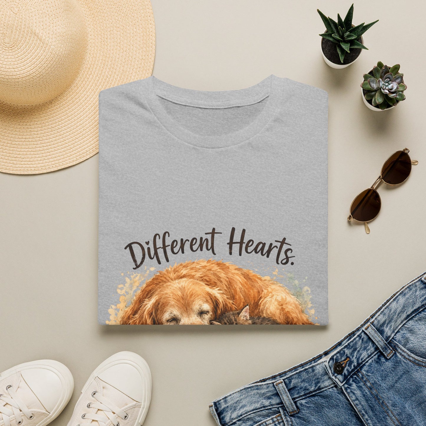 Dog and Cat Rescue T-Shirt – "Different Hearts, Same Home" Cozy Golden Retriever With Kitten Tee