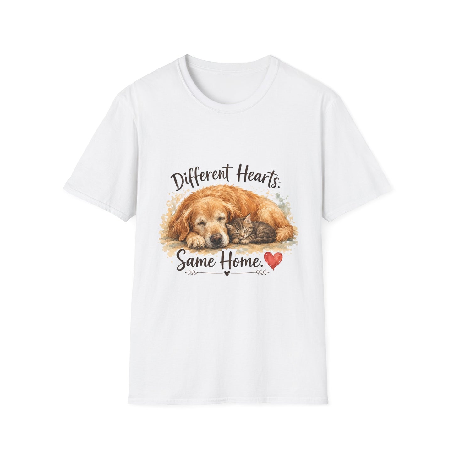 Dog and Cat Rescue T-Shirt – "Different Hearts, Same Home" Cozy Golden Retriever With Kitten Tee