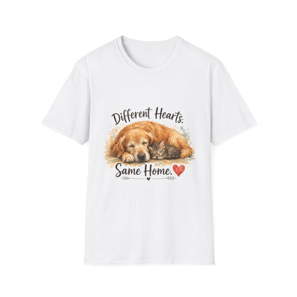 Dog and Cat Rescue T-Shirt – "Different Hearts, Same Home" Cozy Golden Retriever With Kitten Tee