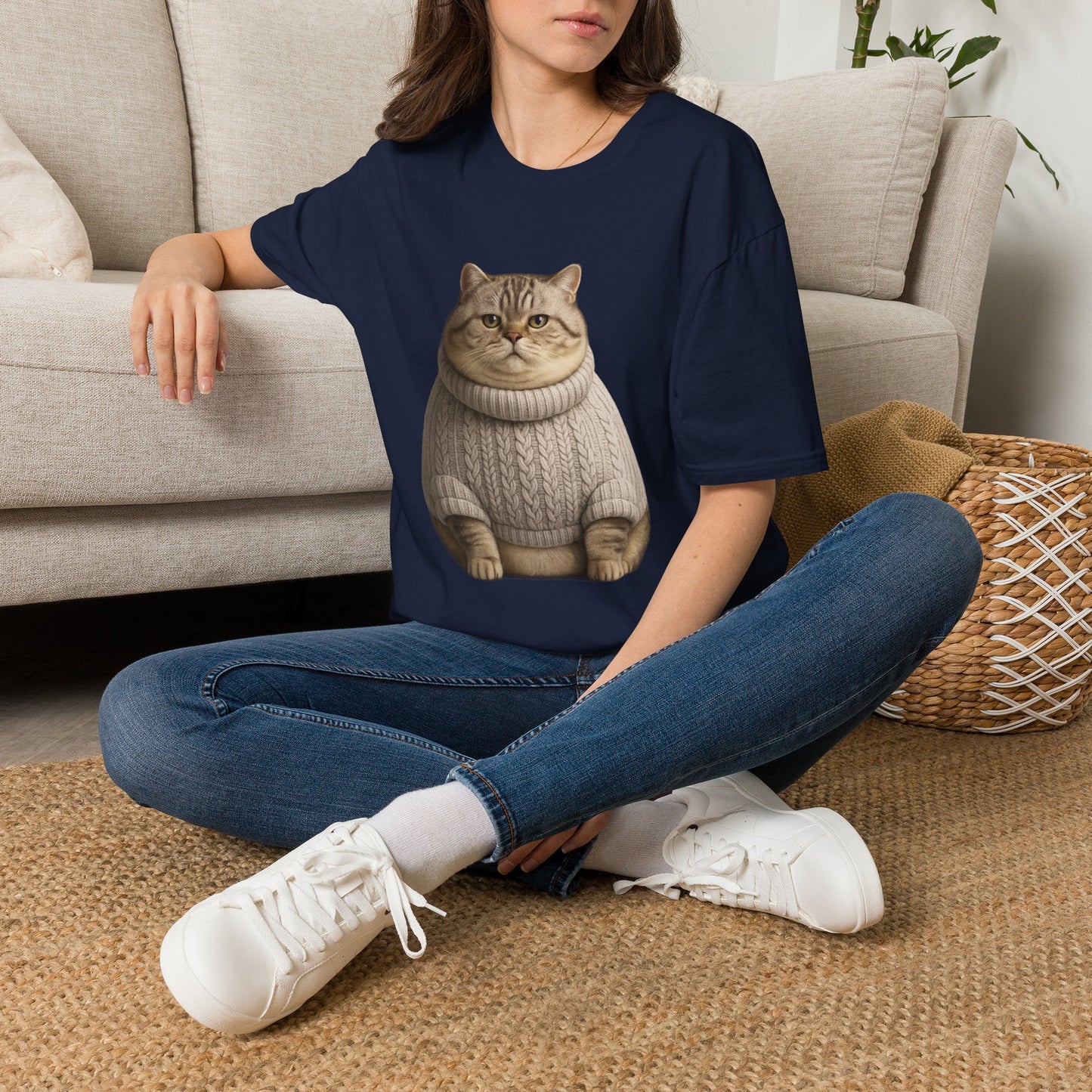 Chonky Sweater Cat - Cat in Cozy Sweater T-Shirt — Funny Cute Cat Graphic Tee