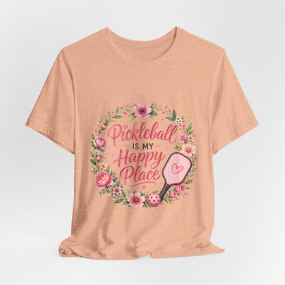 Pickleball Is My Happy Place T-Shirt — Floral Pink Paddle Tee