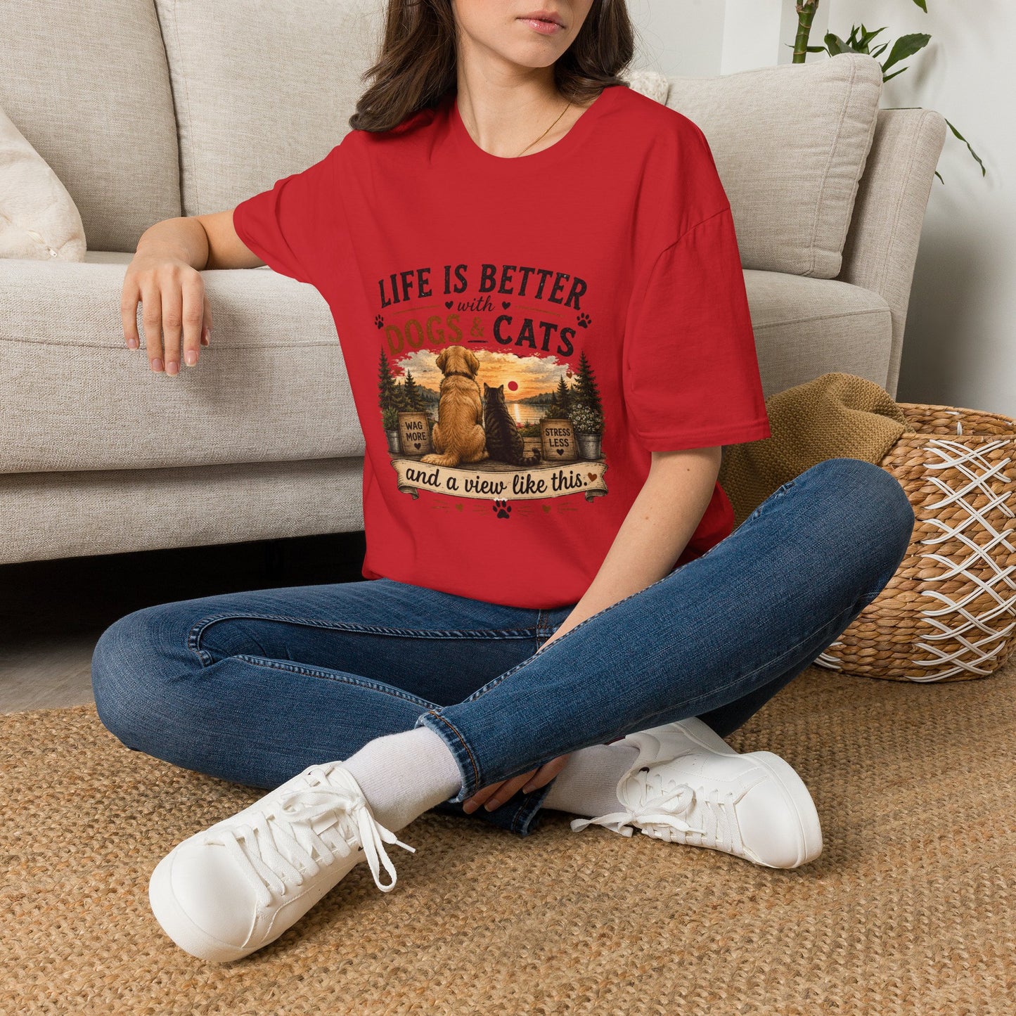 Life Is Better with Dogs & Cats T-Shirt — Pet Lover Sunset Graphic Tee