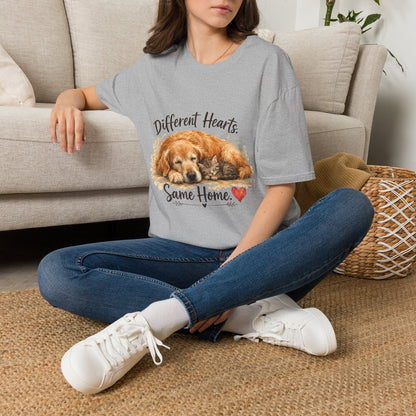 Dog and Cat Rescue T-Shirt – "Different Hearts, Same Home" Cozy Golden Retriever With Kitten Tee