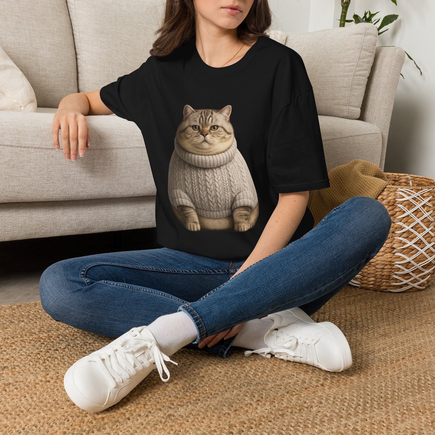 Chonky Sweater Cat - Cat in Cozy Sweater T-Shirt — Funny Cute Cat Graphic Tee