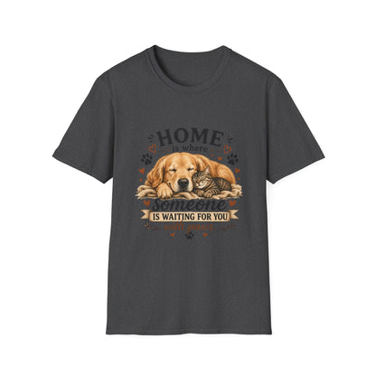T-Shirt — "Home is where someone is waiting for you with paws" Cute Golden Retriever Dog & Cat Cozy Tee