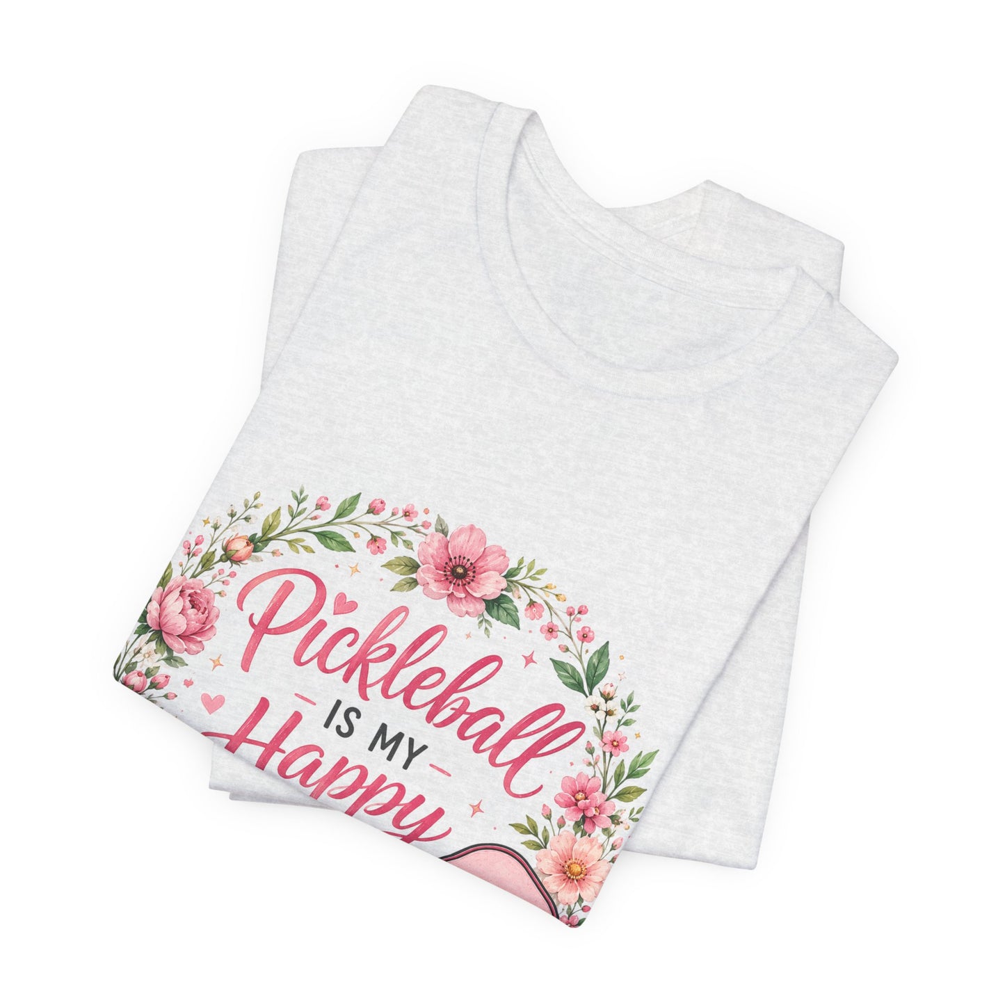 Pickleball Is My Happy Place T-Shirt — Floral Pink Paddle Tee