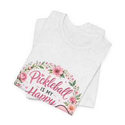 Pickleball Is My Happy Place T-Shirt — Floral Pink Paddle Tee