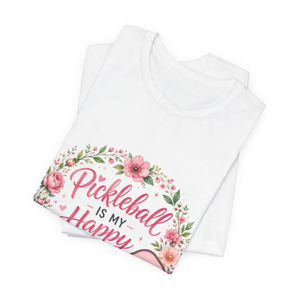Pickleball Is My Happy Place T-Shirt — Floral Pink Paddle Tee