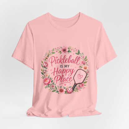Pickleball Is My Happy Place T-Shirt — Floral Pink Paddle Tee