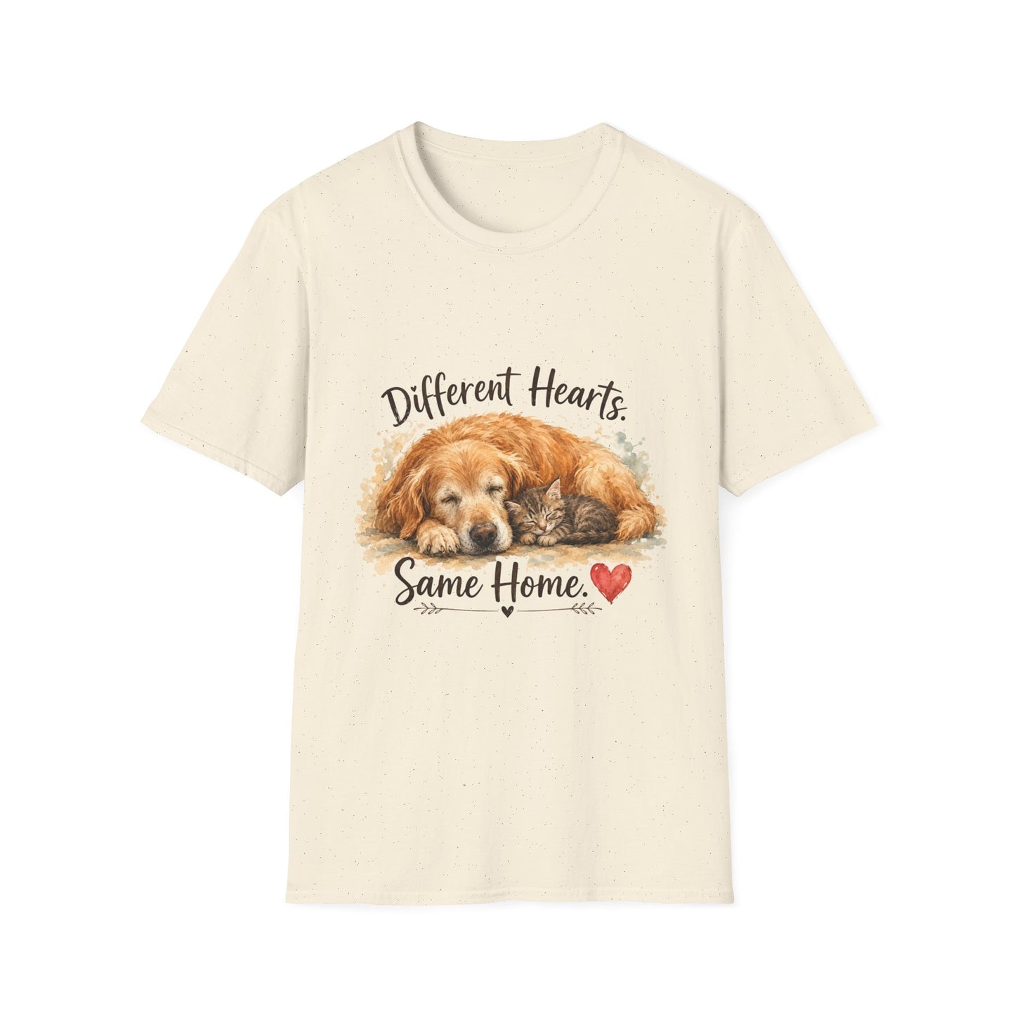 Dog and Cat Rescue T-Shirt – "Different Hearts, Same Home" Cozy Golden Retriever With Kitten Tee