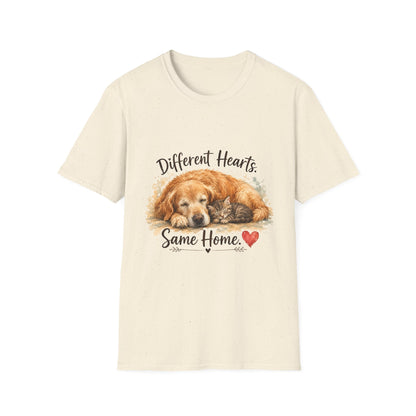 Dog and Cat Rescue T-Shirt – "Different Hearts, Same Home" Cozy Golden Retriever With Kitten Tee