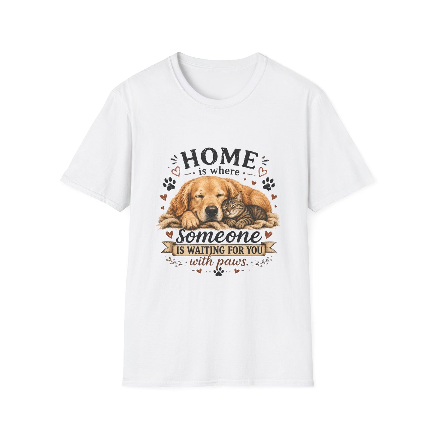 T-Shirt — "Home is where someone is waiting for you with paws" Cute Golden Retriever Dog & Cat Cozy Tee