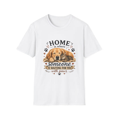 T-Shirt — "Home is where someone is waiting for you with paws" Cute Golden Retriever Dog & Cat Cozy Tee