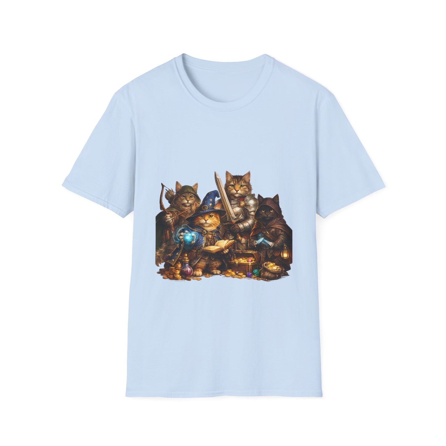 D&D Cats Party Funny Parody T-Shirt — Cute RPG Kitty Wizards & Warriors Tee
