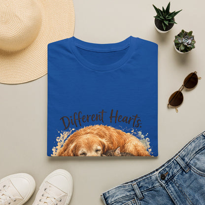 Dog and Cat Rescue T-Shirt – "Different Hearts, Same Home" Cozy Golden Retriever With Kitten Tee