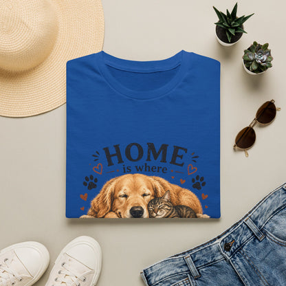 T-Shirt — "Home is where someone is waiting for you with paws" Cute Golden Retriever Dog & Cat Cozy Tee
