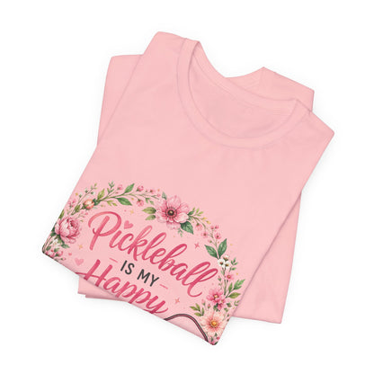 Pickleball Is My Happy Place T-Shirt — Floral Pink Paddle Tee