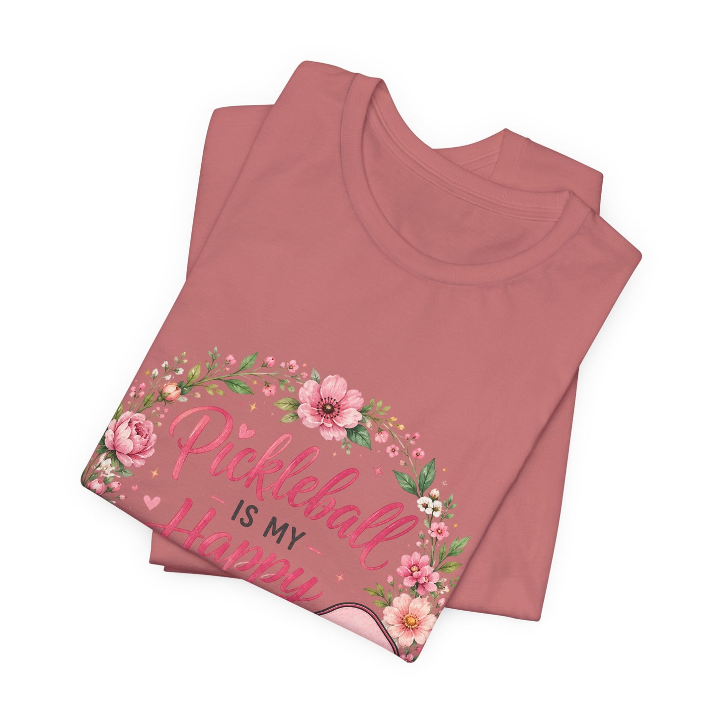 Pickleball Is My Happy Place T-Shirt — Floral Pink Paddle Tee