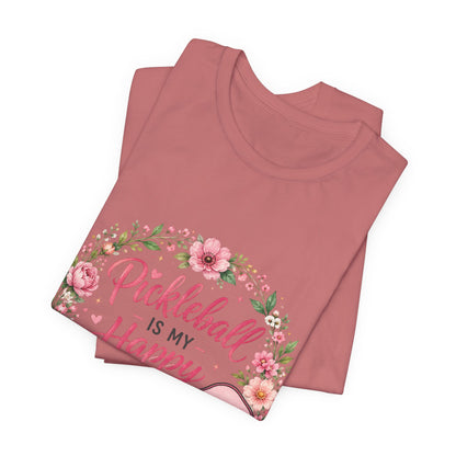 Pickleball Is My Happy Place T-Shirt — Floral Pink Paddle Tee