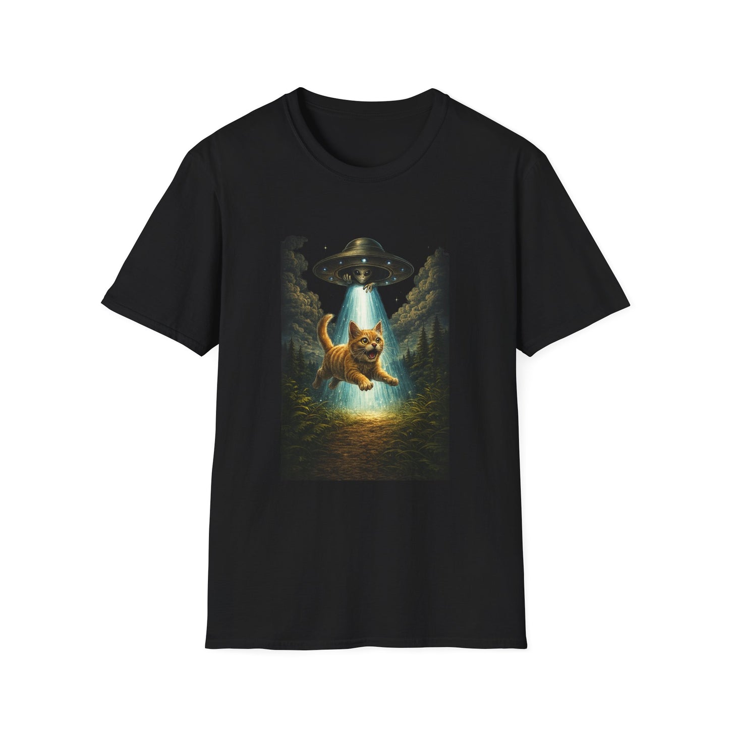 UFO Cat Abduction Funny T-Shirt — "Beam Me Up" Abduction Graphic Tee