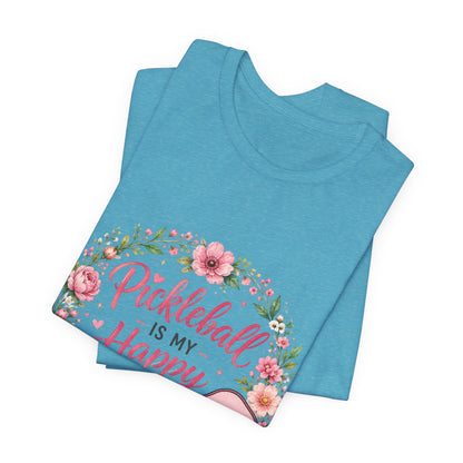 Pickleball Is My Happy Place T-Shirt — Floral Pink Paddle Tee