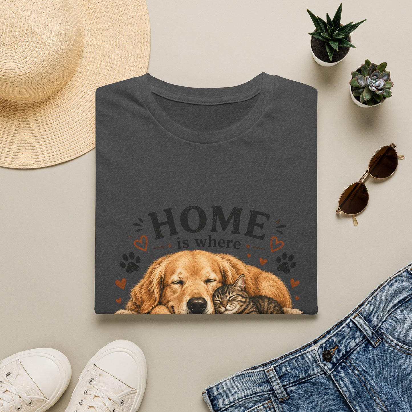 T-Shirt — "Home is where someone is waiting for you with paws" Cute Golden Retriever Dog & Cat Cozy Tee