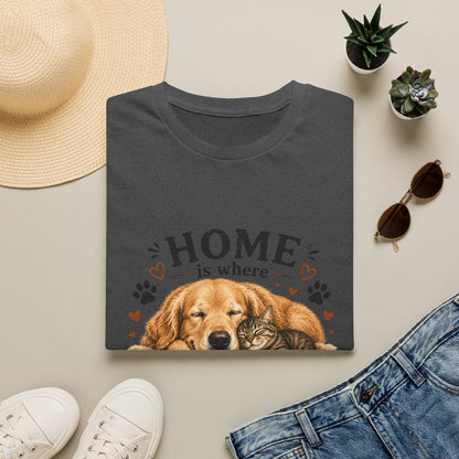 T-Shirt — "Home is where someone is waiting for you with paws" Cute Golden Retriever Dog & Cat Cozy Tee