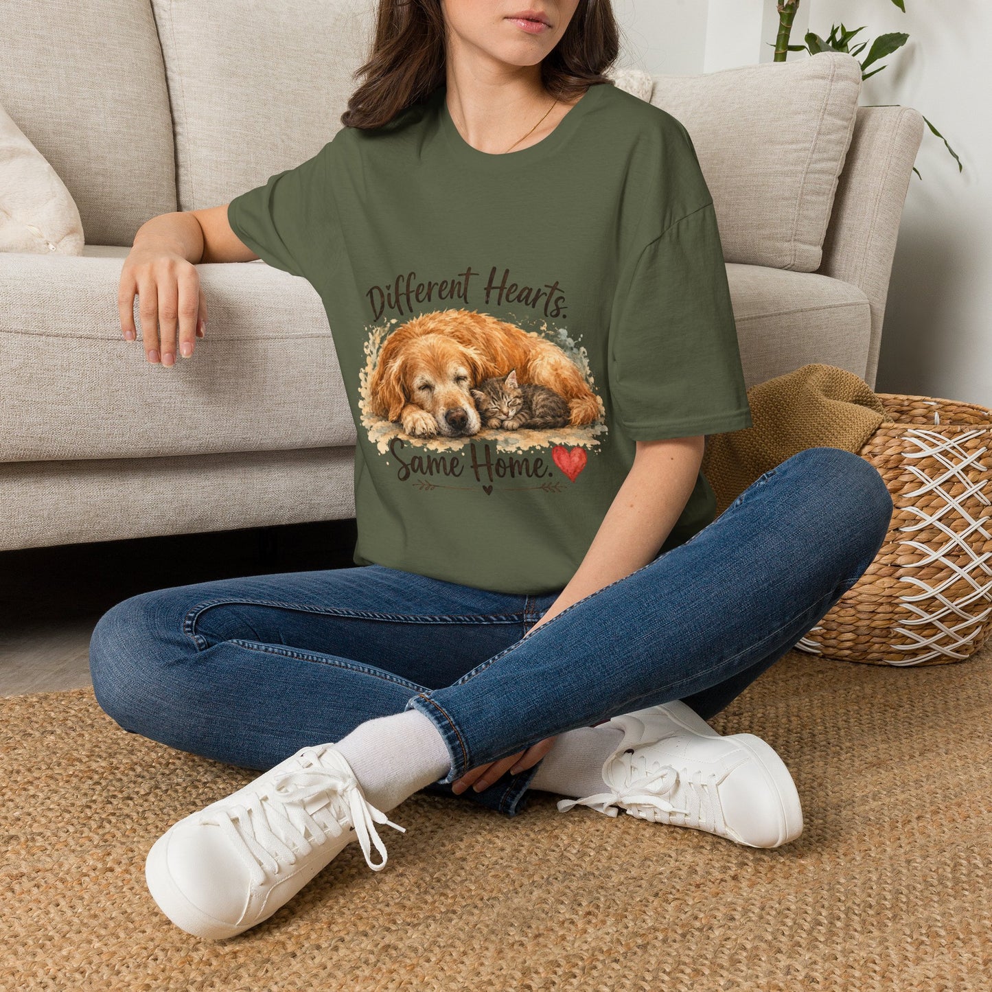 Dog and Cat Rescue T-Shirt – "Different Hearts, Same Home" Cozy Golden Retriever With Kitten Tee