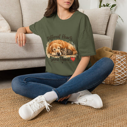 Dog and Cat Rescue T-Shirt – "Different Hearts, Same Home" Cozy Golden Retriever With Kitten Tee