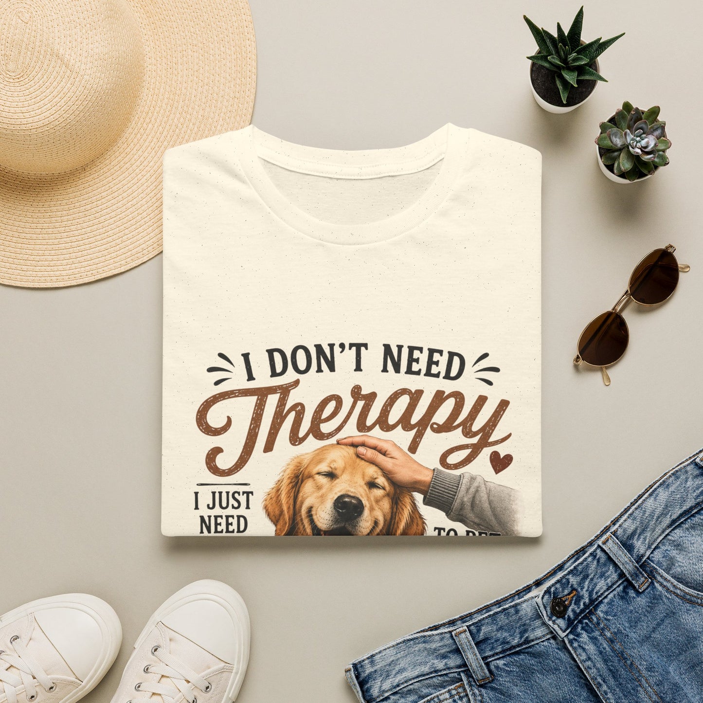 Dog Lover T‑Shirt — “I Don’t Need Therapy I Just Need To Pet My Dog” Cute Golden Retreiver Therapy Tee